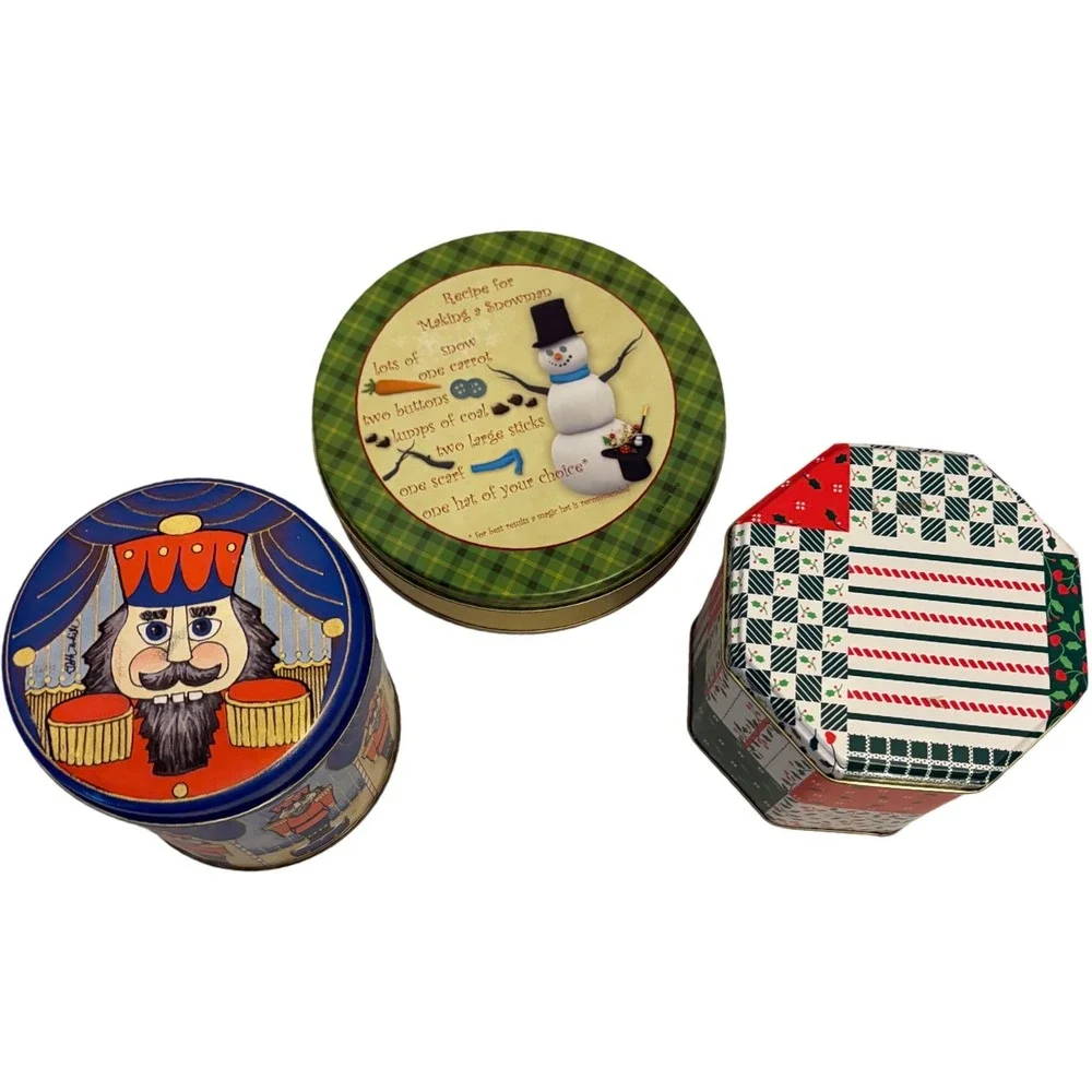 3‎ Vintage Christmas Tins Nutcracker Snowman Patchwork Holiday Decor Storage